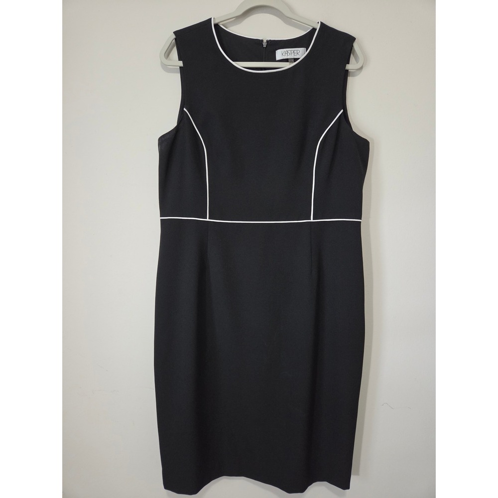 Kasper Womens Black‎ Sleeveless Sheath Dress White Piping Career Size 14